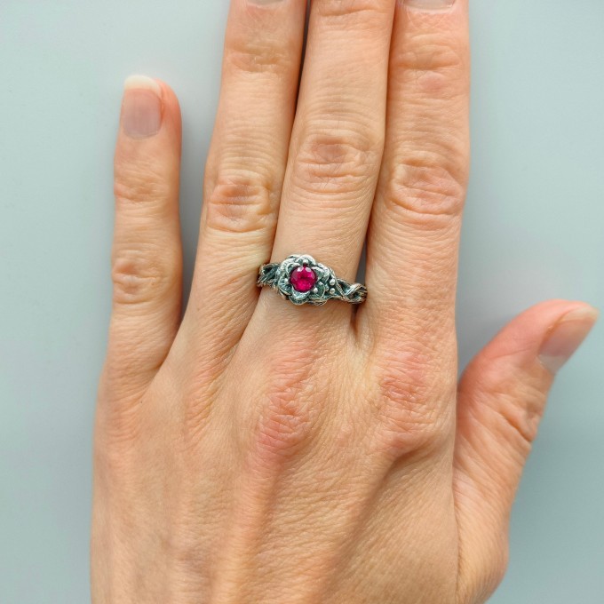 Thorned Bloom: Gothic Sterling Silver Ring with Enchanted Ruby