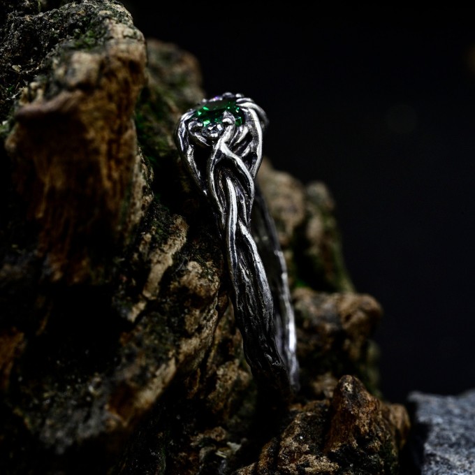 Handcrafted Emerald Ring with Dark Forest Design