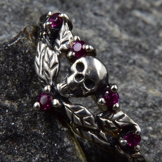 Gothic Ruby Ring with Skull Motif and Bold Design 