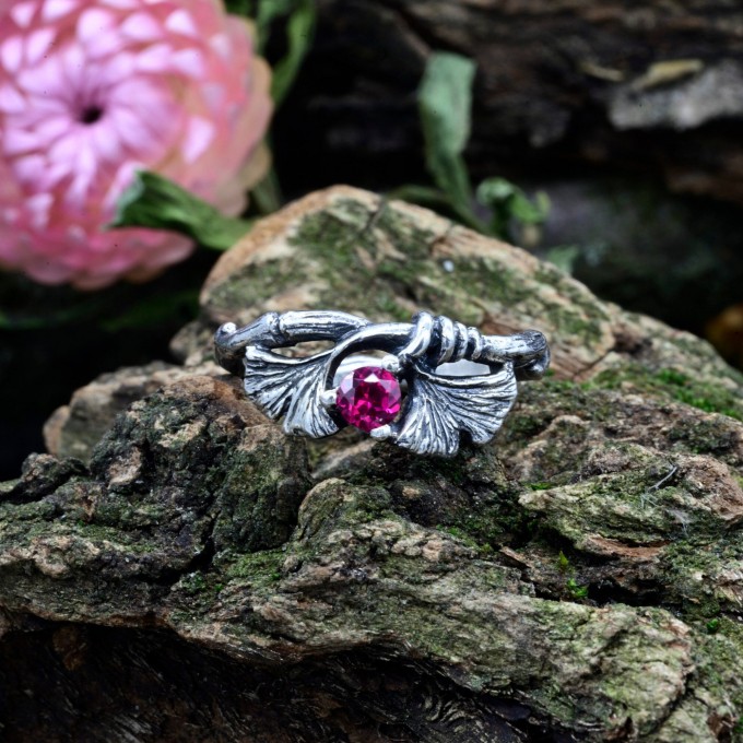 Elegant Gothic Floral Ring with Ruby Gemstone