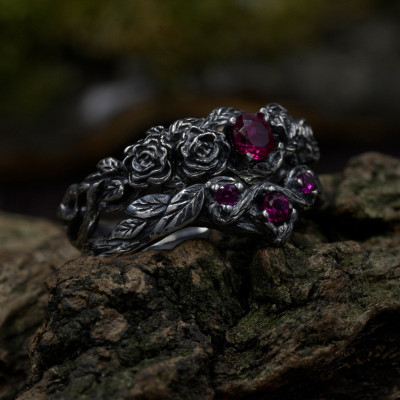 Ethereal Mystical Fairy Engagement Ring Set, Whimsical Floral Elven Bridal Set, Nature Wedding Ring Set, Fantasy Forest Witchy Jewelry