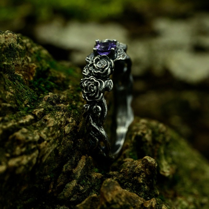 Gothic Forest Amethyst Ring in Dark Silver