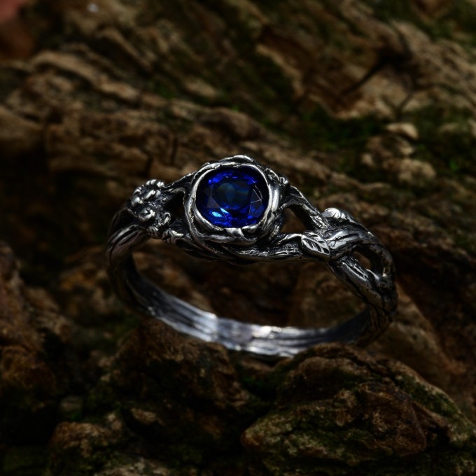 Fairy Fantasy Ring: Sapphire Twig Wedding Band with Floral Design