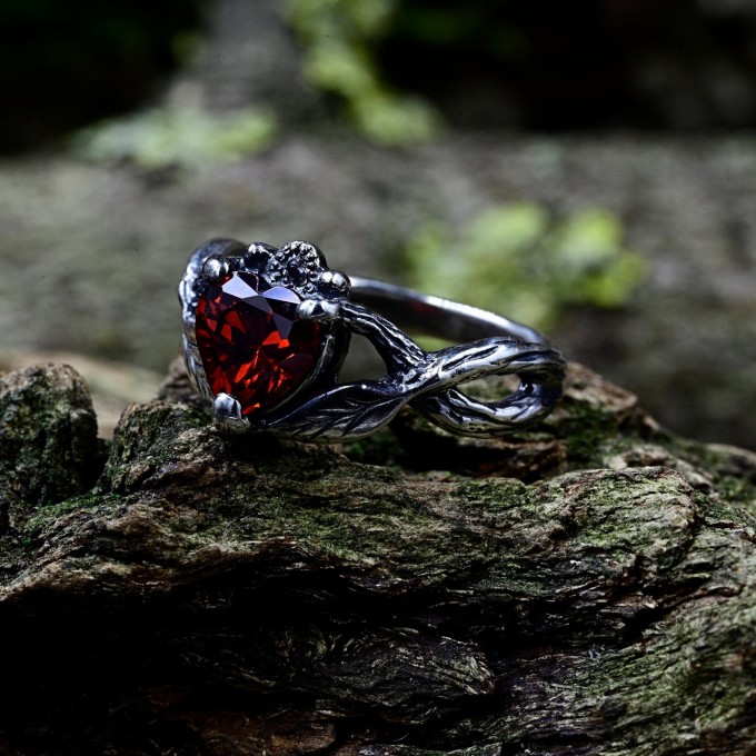 Bold Gothic Ring with Fiery Garnet Gemstone
