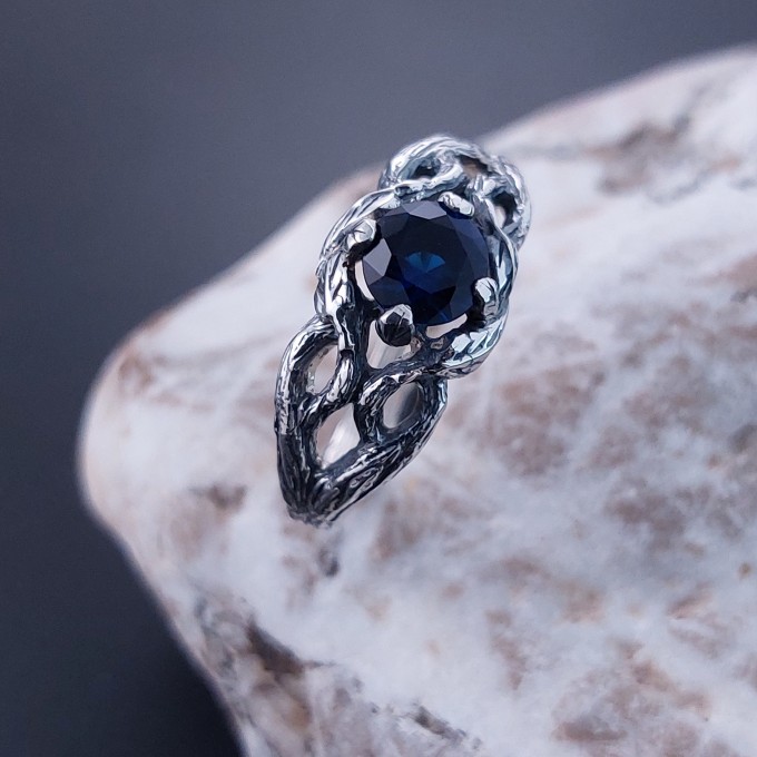 Embrace of the Night: Gothic Sterling Silver Ring with Deep Sapphire