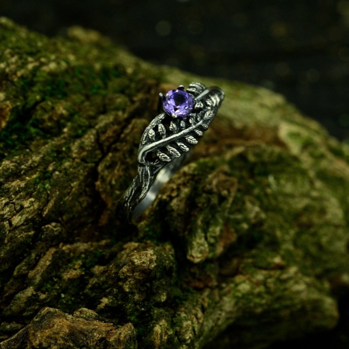 Gothic Amethyst Ring with Lunar Crescent Motif