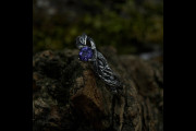 Mens Nature Wedding Ring of Tree Bark Band with Amethyst, Male Fantasy Engagement Ring with Leaf Branch, Woodsy Promise Ring for Him