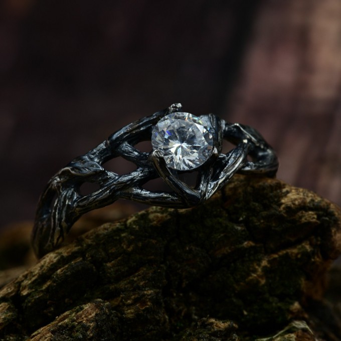 Gothic White Topaz Ring with Enchanted Vine Motif