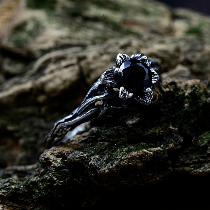Gothic Obsidian Ring with Enchanted Floral Motif