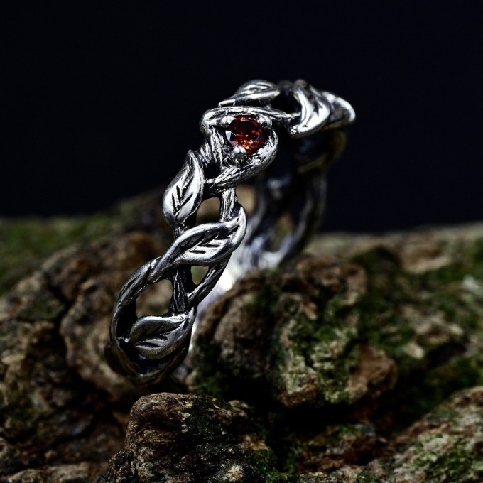 Gothic Silver Ring with Garnet and Twisted Vines