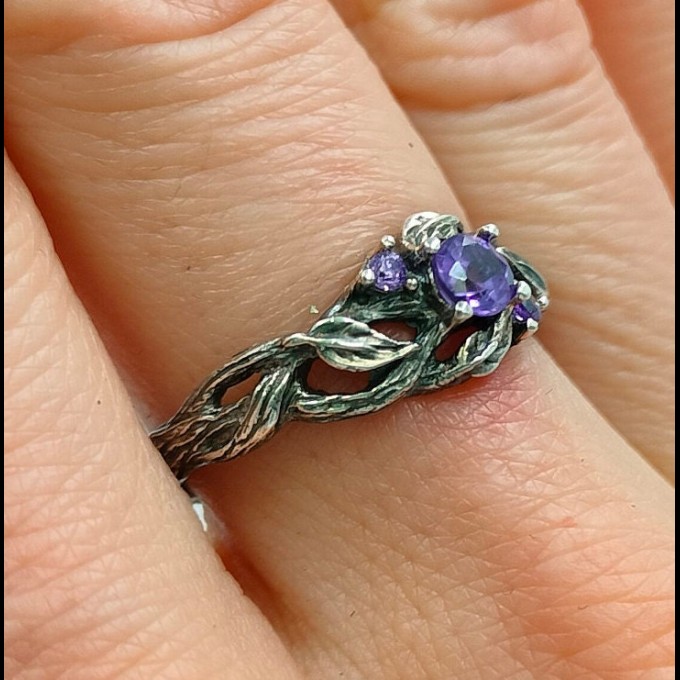 Whisper of Vines: Gothic Sterling Silver Ring with Amethyst Accent