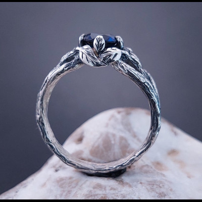 Braided branch silver ring with sapphire, Leaves on the twig ring, Unique silver ring with sapphire, Women's ring