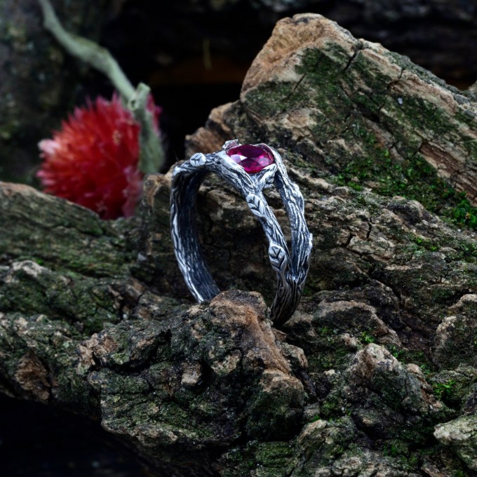 Gothic Ruby Ring with Enchanted Twisting Motif