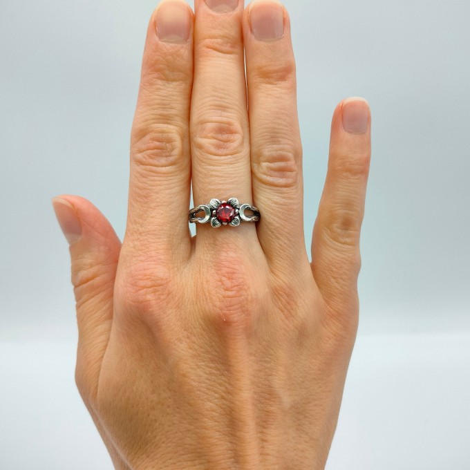 Gothic Floral Ring with Garnet Centerpiece