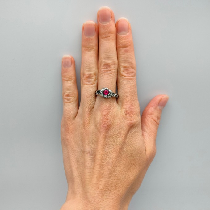 Thorned Bloom: Gothic Sterling Silver Ring with Enchanted Ruby
