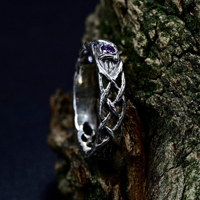 Delicate Gothic Ring with Amethyst Gemstone|Celtic Braided Weave Wedding Band with Amethyst Vine Twig Branch Design