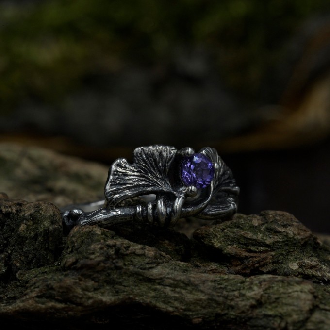 Gothic Silver Ring with Amethyst and Leaf Motif