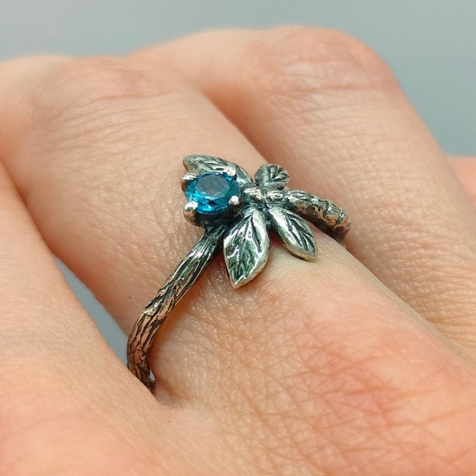 Gothic Silver Ring with Dragonfly and Blue Topaz