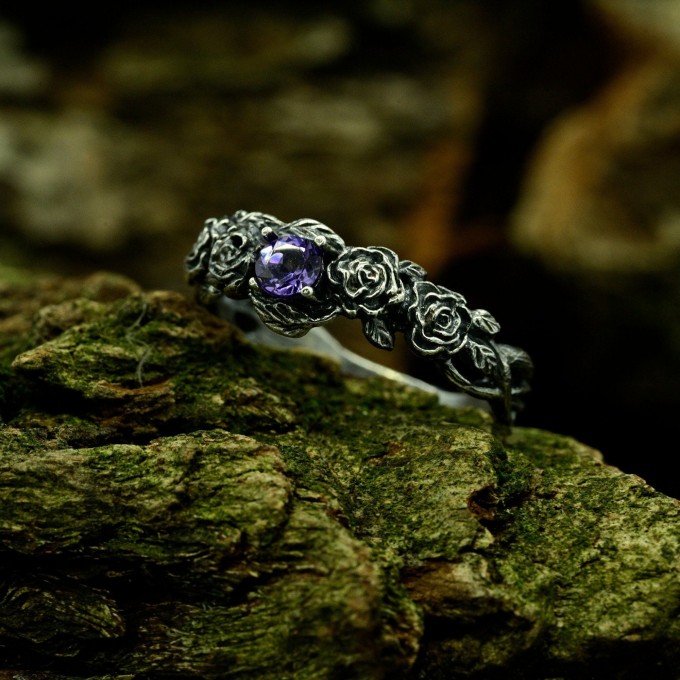 Wisteria Crown: Gothic Sterling Silver Ring with a Radiant Amethyst