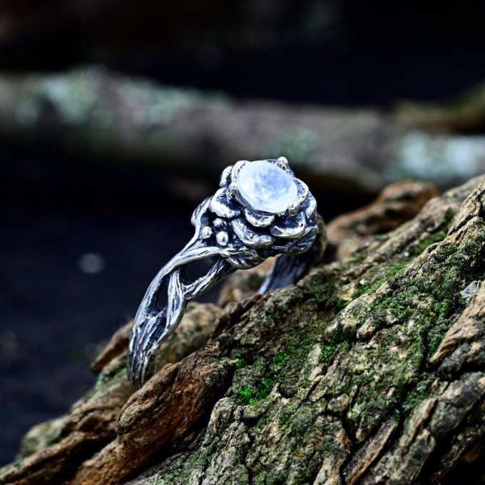 Elegant Gothic Floral Ring with Moonstone