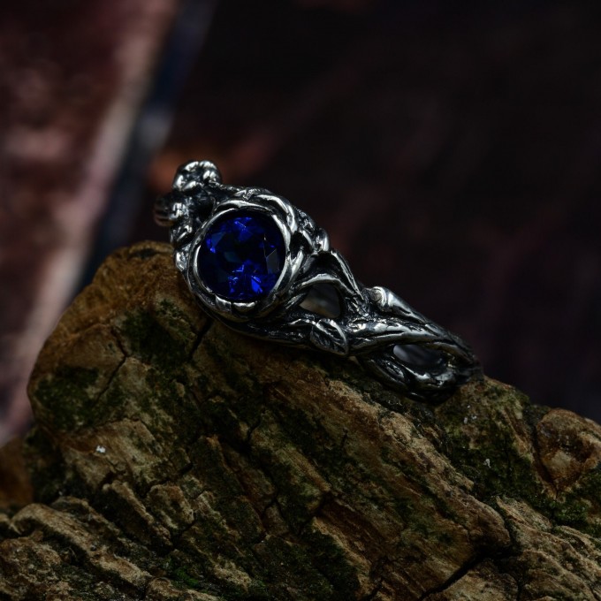 Fairy Fantasy Ring: Sapphire Twig Wedding Band with Floral Design