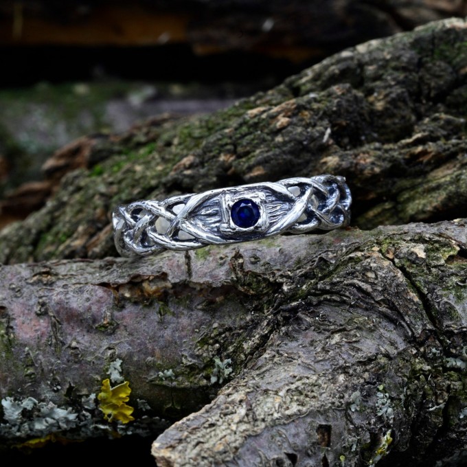 Celtic-Inspired Gothic Ring with Sapphire