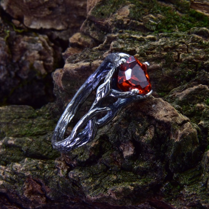 Gothic Silver Ring with Fiery Garnet
