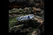 Mens Celtic Braided Engagement Ring with Blue Sapphire & Textured Tree Bark in Silver, Irish Weaving Promise Ring for Him with Forest Theme