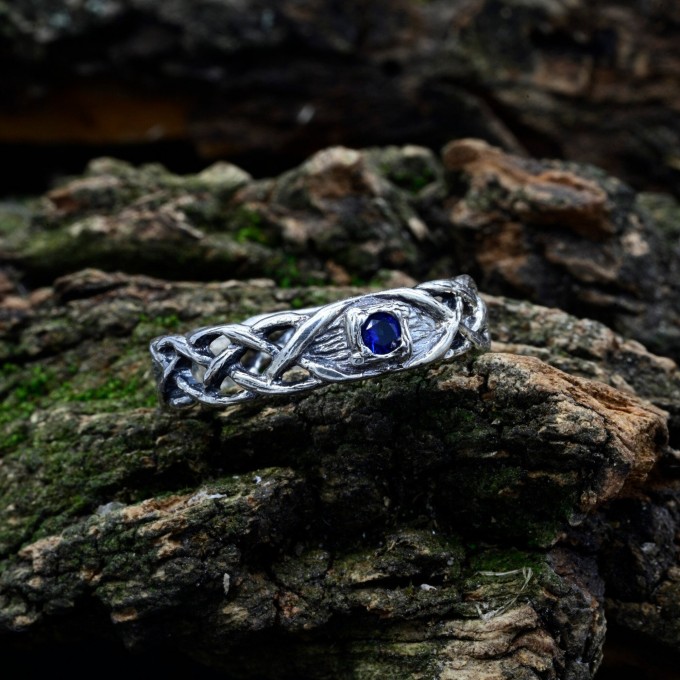 Celtic-Inspired Gothic Ring with Sapphire