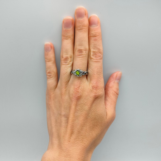 Bloom of Shadows: Gothic Sterling Silver Ring with Olivine Gemstone