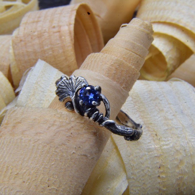Gothic Floral Ring with Deep Blue Sapphire