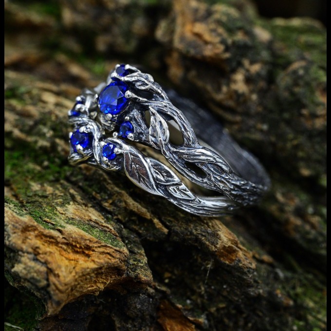 Gothic Sapphire Ring with Enchanted Vine Motif