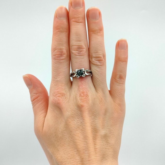 Enigmatic Silver Ring with Crescent Moons and Black Onyx