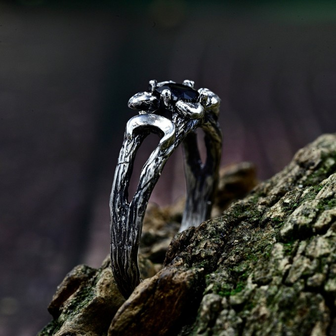 Enigmatic Silver Ring with Crescent Moons and Black Onyx