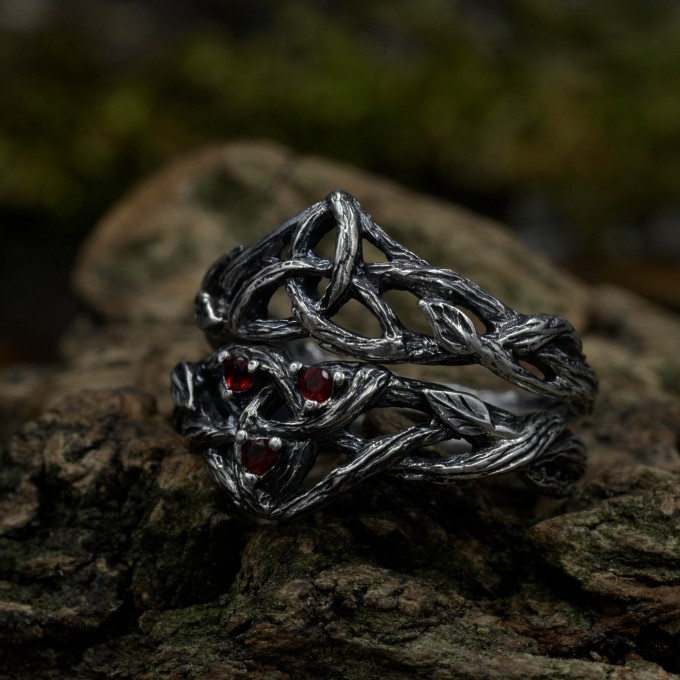 Twisted Gothic Vine Ring with Fiery Garnets