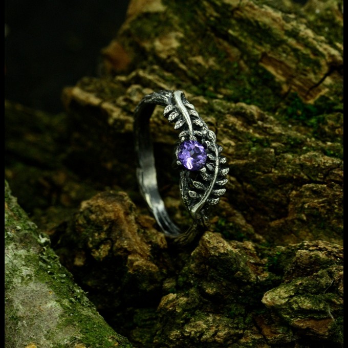 Gothic Amethyst Ring with Lunar Crescent Motif