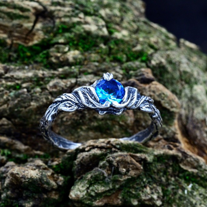Gothic Aquamarine Ring with Enchanted Leaf Motif