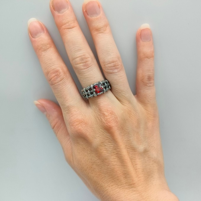 Gothic Garnet Ring with Intricate Bold Design