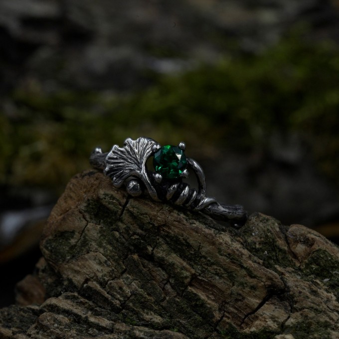 Forest Grace: Gothic Sterling Silver Ring with Emerald Gemstone