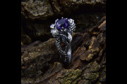 Dark Fantasy Ring Engagement, Silver Mystical Fairy Wedding Ring with Amethyst, Unique Gothic Style Ring with Nature Theme Band
