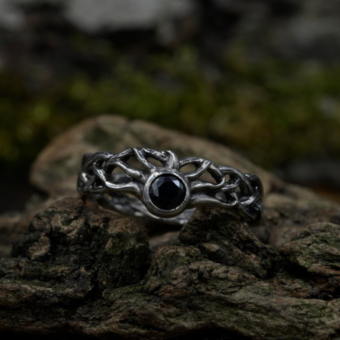Gothic Silver Ring Featuring Black Onyx and Moon Motif
