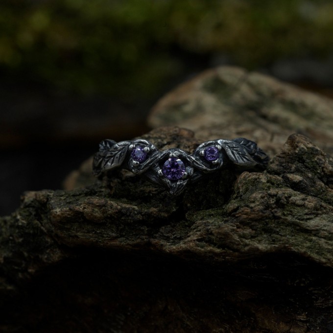 Gothic Amethyst Ring with Enchanted Mushroom Motif