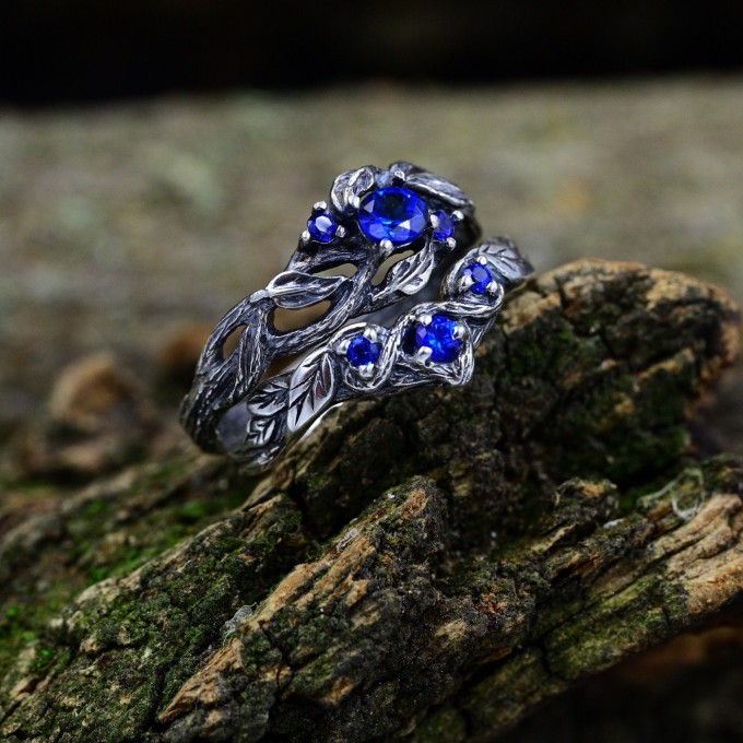 Starlight Cascade: Gothic Sterling Silver Ring with Sapphire Gemstones