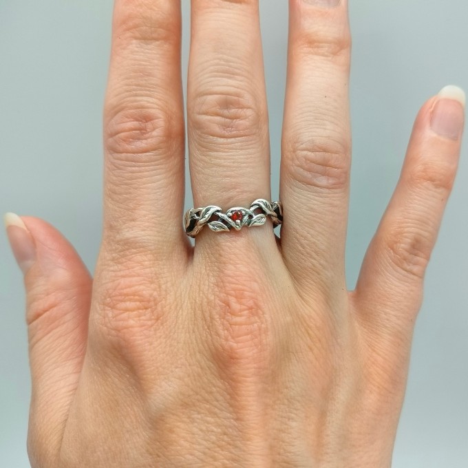Gothic Garnet Ring with Twisting Vine Motif