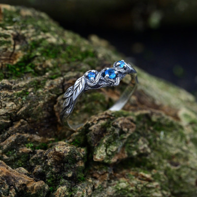 Earthy Engagement Ring on Dainty Branch Band for Woman, Silver Twig Stack Ring with Aquamarine Leaf for Wedding, Forest Promise Ring