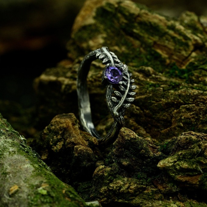 Gothic Amethyst Ring with Lunar Crescent Motif