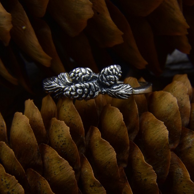 Silver Pinecone Ring with Forest Motif