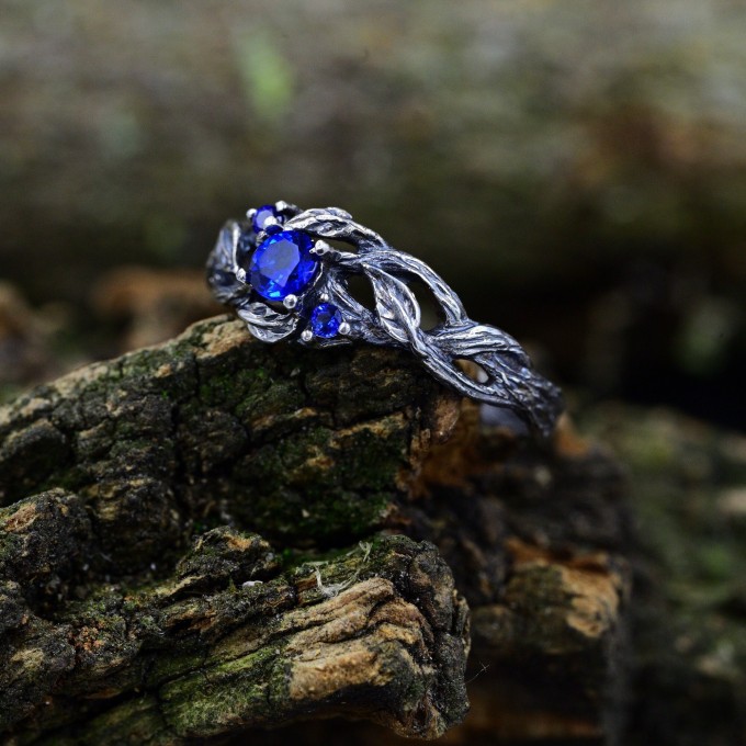 Blue Sapphire Vine Ring - Enchanting Silver Jewelry
