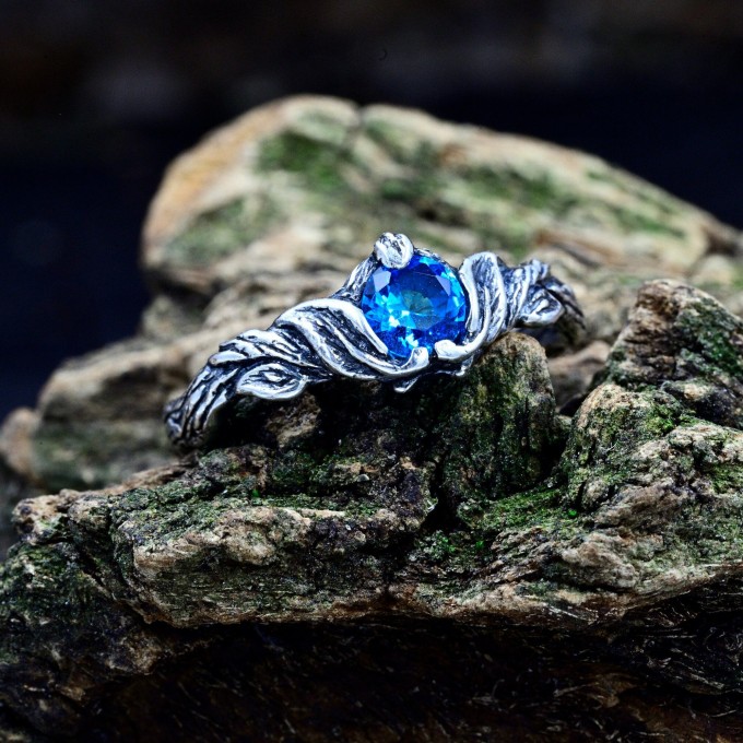 Gothic Aquamarine Ring with Enchanted Leaf Motif
