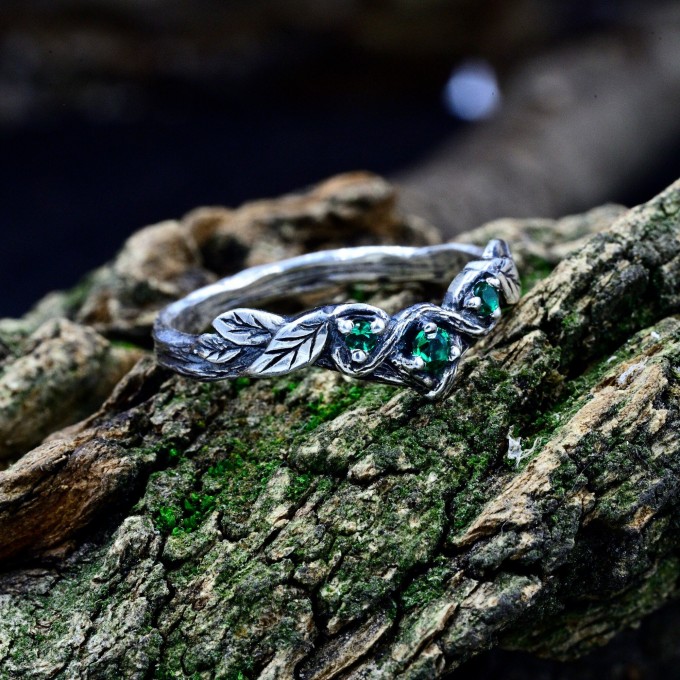 Forest Whisper: Gothic Sterling Silver Ring with Emerald Accents